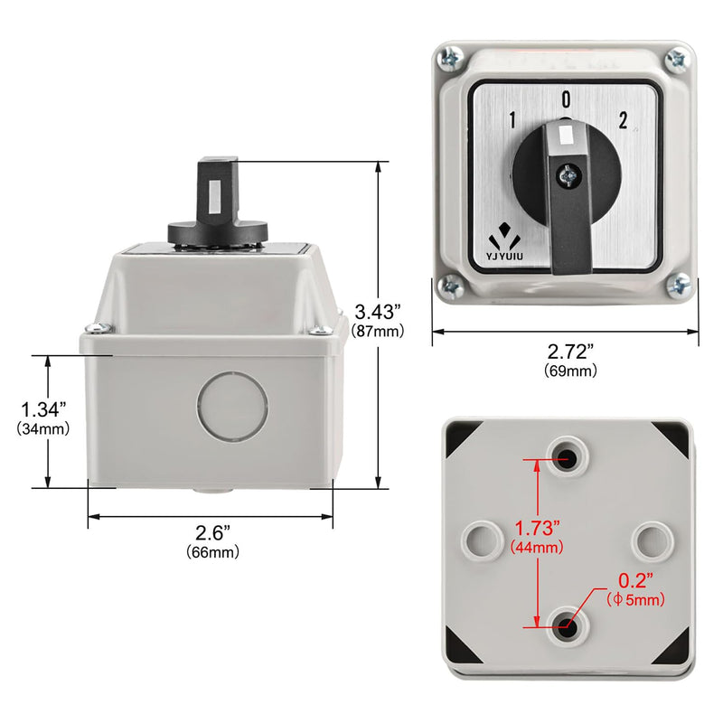 YJYUIU YJUWB3220 Universal Rotary Switch, 660V 20A, ON-OFF-ON, 3 Positions, 2-Phase, 8 Terminals, with Main Switch Housing