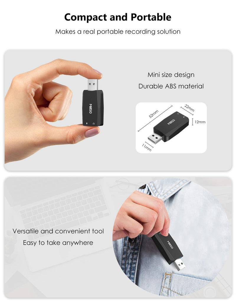 MillSO USB to 3.5mm Audio Jack Adapter [with Internal Recording Function] Portable Computer External USB Sound Card for PC, Recording, Training, Streaming, Podcasting - Black