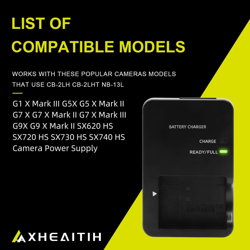 CB-2LH CB-2LHT Cameras Charger for NB-13L Battery for Canon PowerShot G1 X Mark III G5X G5 X Mark II G7 X G7 X Mark II G7 X Mark III G9X G9 X Mark II SX620 HS SX720 HS SX730 HS SX740 HS Camera Supply