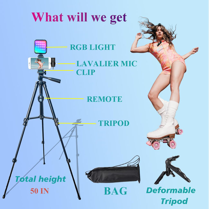for iPhone Vlogging Kit, Vlogging Kit for Andriod Phone with Two Tripods RGB Light Lavalier Microphone Remote for YouTube Tiktok Content Creator (Total Height 20 in to 50 in) Total Height 20 IN to 50 IN