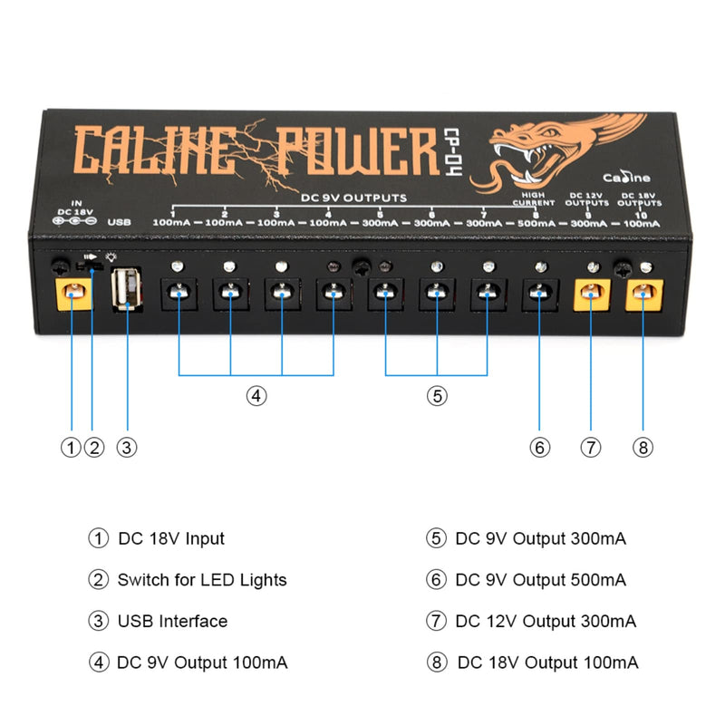Caline CP-04 Guitar Pedal Power Supply 10 DC Outputs for 9V/12V/18V Effect Pedal