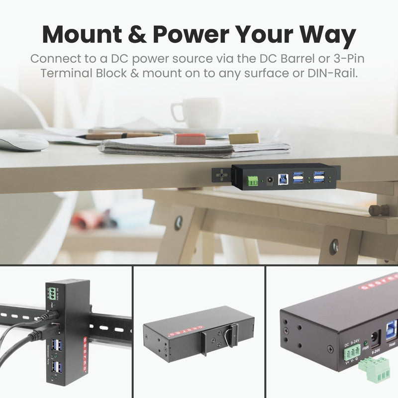 Gearmo 4 Port USB Hub, 5Gbps, Industrial Mountable Metal Enclosure w/15KV ESD Protection, USB 3.2 USB Hub Data Transfer (12V/2A Power Adapter Included) Hub + Power Supply