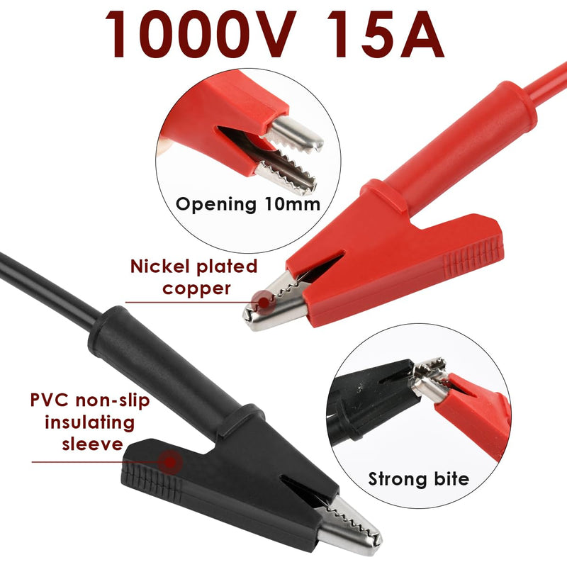 Multimeter Test Leads Set 4mm, 2pcs Banana Plug to Crocodile Clips Electrical Alligator Test Leads, 2pcs Double Ended Banana Plug 1m Test Lead with 2 Probes for Digital Multimeter 1000V 15A Red+Black