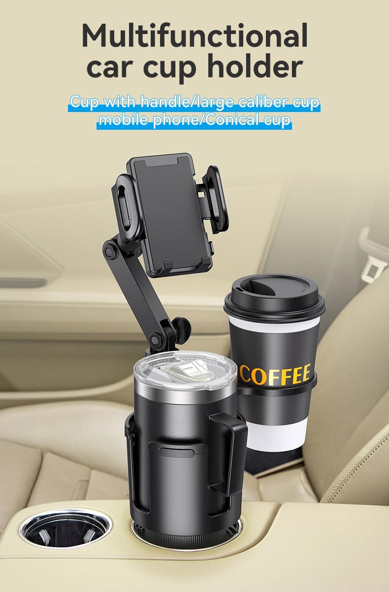 Car Phone Holder with Cup Holder Mount, 2 in 1 Universal Cup Holder Expander Adjustable Base with Phone Mount, Long Adjustable Arm with 360°Rotation Cup Holder ，Compatible with All Smartphones，Black