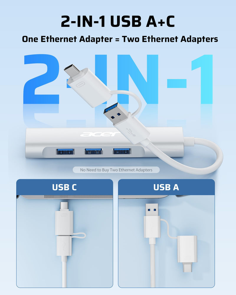 Acer USB C to Ethernet Adapter, 4-in-1 USB-A/C Hub with 3 USB-A 3.1 & 1Gbps RJ45 Networks, USB-C to LAN Adapter for MacBook Pro Air, Surface, Chromebook, Acer, Laptop, and More USB A+C