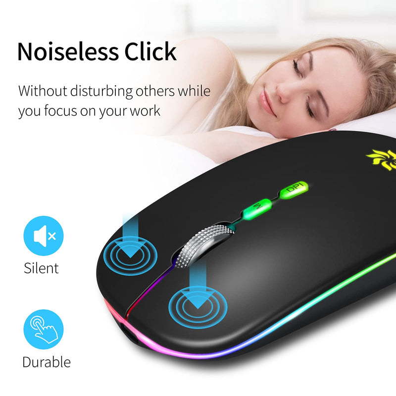 LED Wireless Mouse Slim Silent Mouse 2.4G Rechargeable Wireless Computer Mouse Wireless Mouse for Laptop, MacBook, iPad, Chromebook, with USB & Type-c Receiver Black with LED Backlit