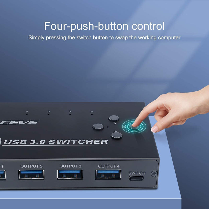 KCEVE USB 3.0 Switch, USB Switcher Selector 4 Computer Sharing 4 USB Devices Printer, Scanner, Mouse, Keyboard, Compatible with Mac/Windows/Linux, with 4 Pack USB 3.0 Cables 4x4 USB Switch
