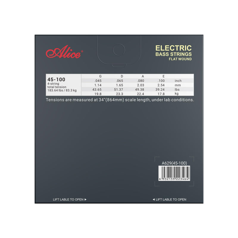 Alice Flatwound Bass Guitar Strings for Professional Use, Suitable for 34" Fretted or Fretless Electric Basses, Nickel Alloy Winding For Electric Bass Guitar 4 String - 45-100 Gauge