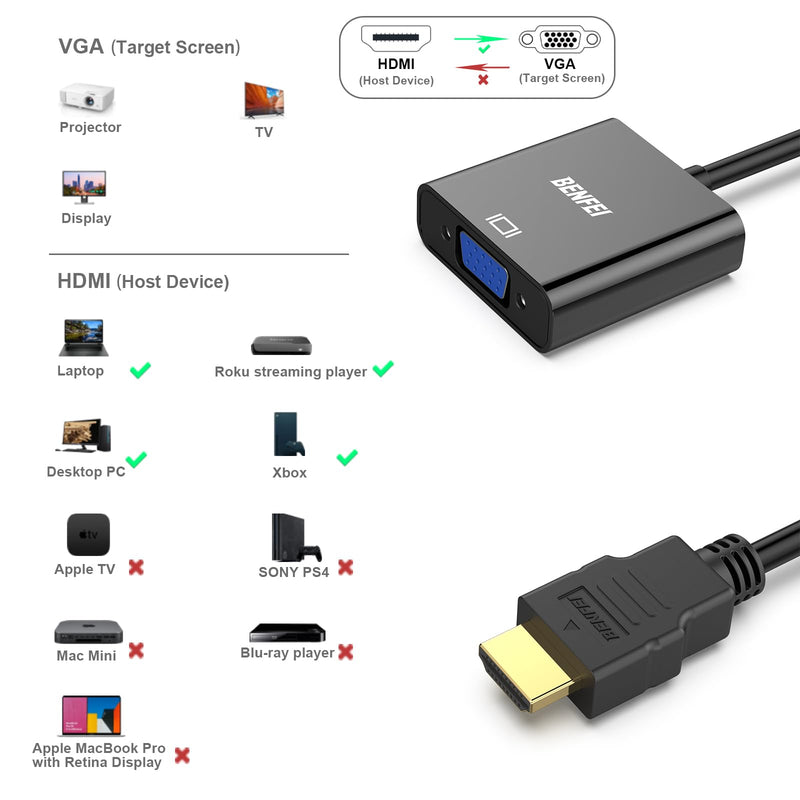 [AUSTRALIA] - BENFEI HDMI to VGA, 10 Pack, Gold-Plated HDMI to VGA Adapter (Male to Female) for Computer, Desktop, Laptop, PC, Monitor, Projector, HDTV, Chromebook, Raspberry Pi, Roku, Xbox and More - Black 