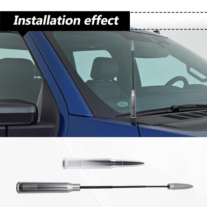 1 PC Car Bullet Antenna, Retractable Antenna Replacement, Enhanced Signal Receiver, Antenna with Screw Spacer, Compatible with Ford F150 Wrangler Jeep Chevrolet (Silver) Medium Silver