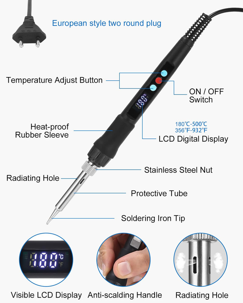 [AUSTRALIA] - Zawaer Soldering Iron Set, 100 W LED Soldering Iron with Adjustable and Locking Temperatures 180 °C - 500 °C, with On/Off, 10 g Soldering Wire, 5 Soldering Tips, Soldering Iron Stand, Soldering Set Black 