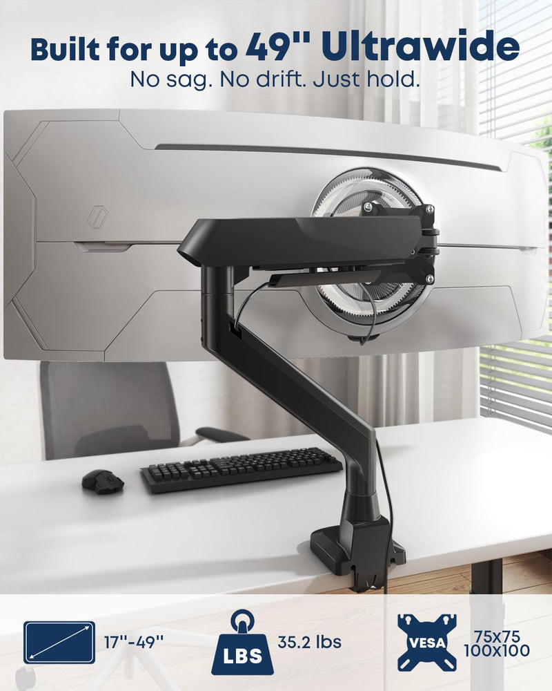 Ultrawide Monitor Arm fits 17-49 Inch Heavy Duty Flat/Curved Monitor | Cable Management, Full Motion, Gas Spring Arm, Holds 35.2 lbs with Clamp & Grommet Desk Mount, VESA 75/100mm, Black Single Arm