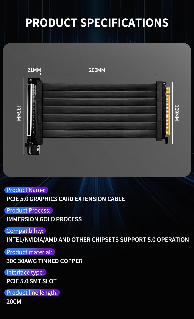 PCIE 5.0 x16 Riser Cable 20cm - 128GB/s Bidirectional | 64GB/s per Lane | Immersion Gold & Anti-EMI Shield for Zero Loss | Vertical GPU Mount for RTX 4090/5090/RX 7900XT/9070 (Black) Black