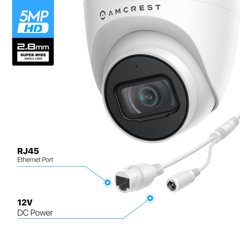 Amcrest 5MP Turret POE Camera, UltraHD Outdoor IP Camera POE with Mic/Audio, 5-Megapixel Security Surveillance Cameras, 98ft NightVision, 103° FOV, MicroSD (256GB), (IP5M-T1179EW-28MM) White