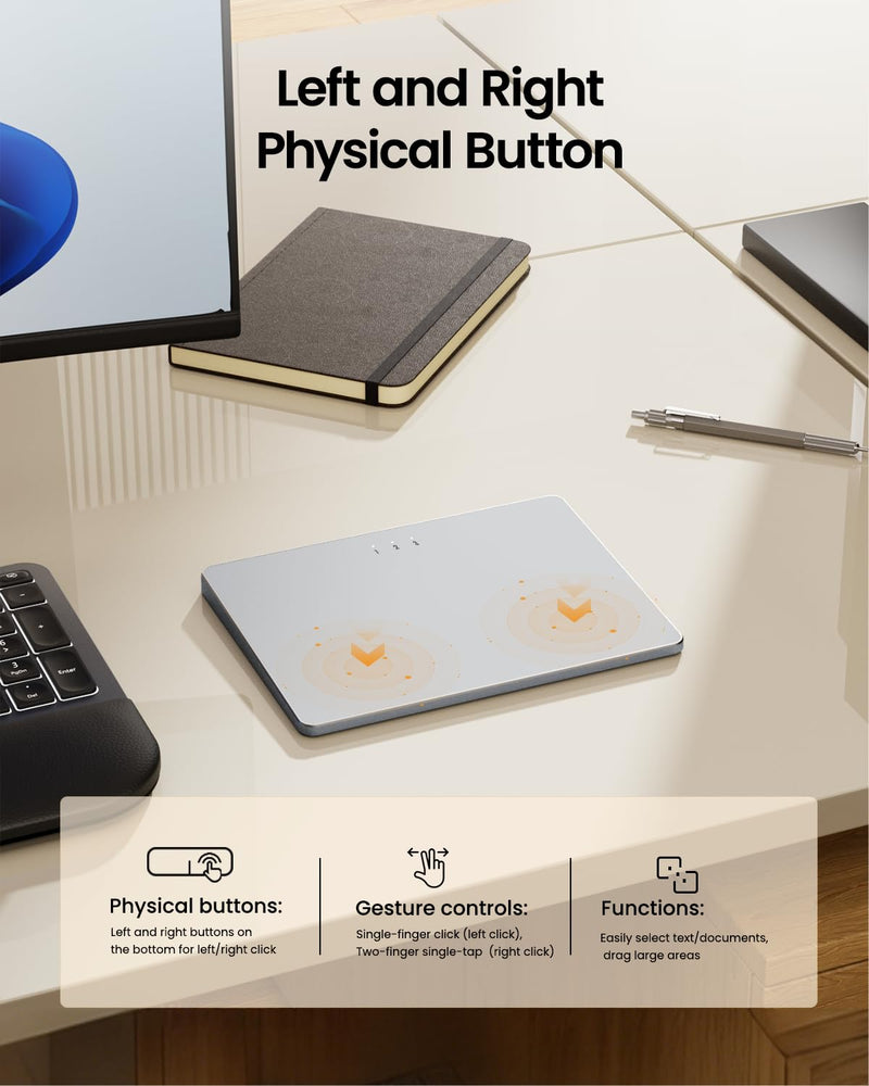 ProtoArc T1 Plus Bluetooth Trackpad for Win 11/10, White Silver | Large 6.4" touch surface, supports 3-device switching via Bluetooth. No USB receiver needed. Rechargeable and Multi-Gesture. White and Silver
