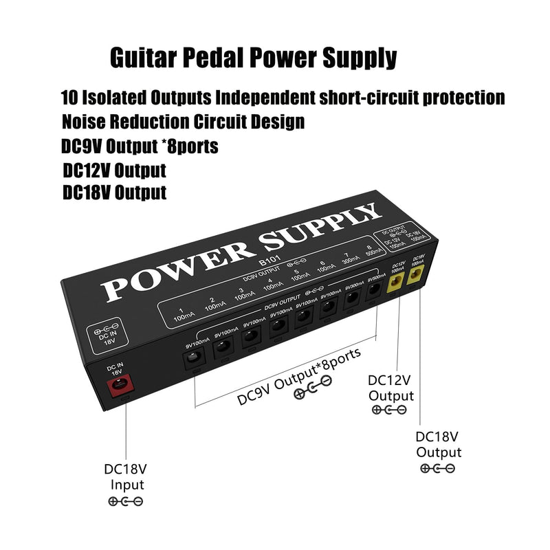 B101 Guitar Pedal Power Supply, 10 Isolated Outputs, 9V/12V/18V