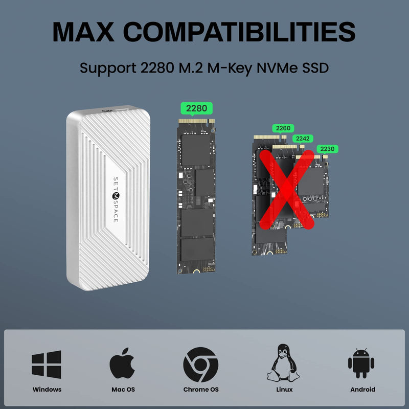 NVMe Enclosure 40Gbps, SETMSPACE M.2 NVME SSD Enclosure USB C Aluminum, Compatible with Thunderbolt 3/4, Support NVME M.2 2280 M-Key, Up to 4TB(Silver) 40 Gbps | NVMe | Silver