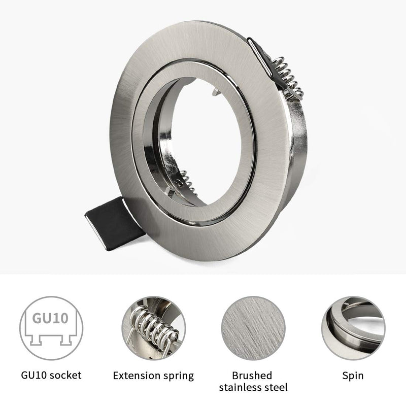 KYOTECH Set of 6 Recessed Light Frames, Recessed Spotlight Set - Mounting Frames in Brushed Aluminium Including GU10 sockets - Mounting Frames for GU10 Bulbs and LED Modules Brushed Nickel Schwenkbar,Aussendurchmesser 82mm