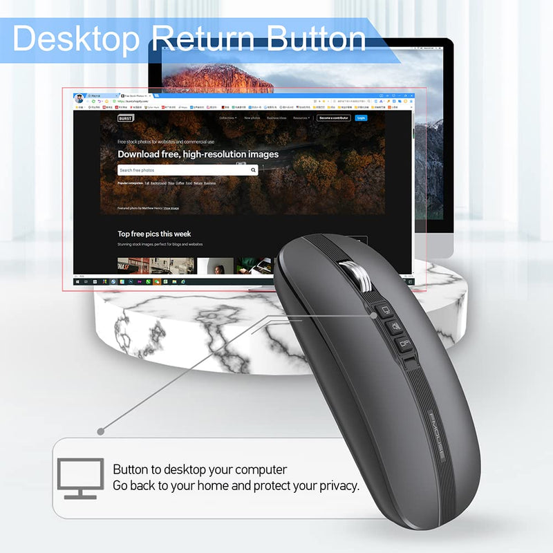 FMOUSE Silent Wireless Mouse, Slim Silent Mouse with USB Receiver, Wireless & Bluetooth 5.1 Dual Mode 2400 DPI, Quick Mute & Desktop Return Button, Rechargeable Mice for PC, Laptop, Desktop (Grey) Grey
