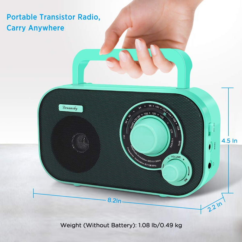 DreamSky AM FM Portable Radio Plug in Wall or Battery Operated for Home & Outdoor, Strong Reception, Large Dial Easy to Use, Transistor Antenna, Headphone Jack, Small Gifts for Seniors Elderly Green