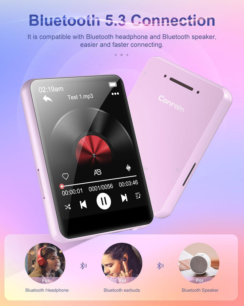 Conrain 64GB MP3 Player with Bluetooth 5.3, Portable Digital Lossless Music Player with Built-in Speaker, 2.4 in Full Touch Screen, FM Radio, Voice Recorder, Earphones Included, Surppot up to 128GB 2.4inch