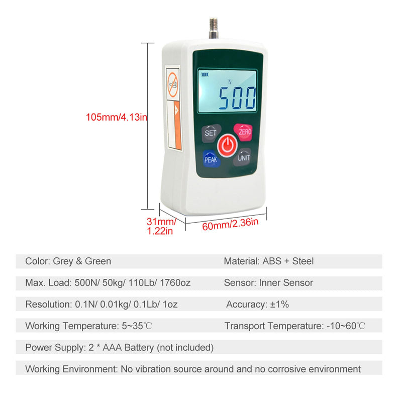500N Digital Force Gauge, Pressure Pull Dynamometer, Handheld Pressure Tension Gauge with Unit Switching, Backlit Display and Automatic Shut-Off