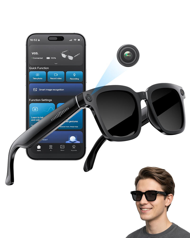AI Smart Glasses with Camera and Bluetooth, 8MP 32GB 1200P HD Cam Glasses | Supports Photo/Video/Audio Recording, Real-Time Translation, Voice Assistant, Object Recognition for Life Work Vlog Black frame + Black lens