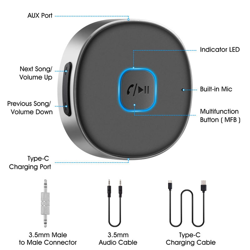 Bluetooth Receiver, LAICOMEIN Bluetooth Aux Receiver, Portable 3.5mm Aux Car Adapter, Bluetooth 5.0 Wireless Audio Receiver for Car/Home Stereo/Wired Headphones/Speaker, 16H Battery Life