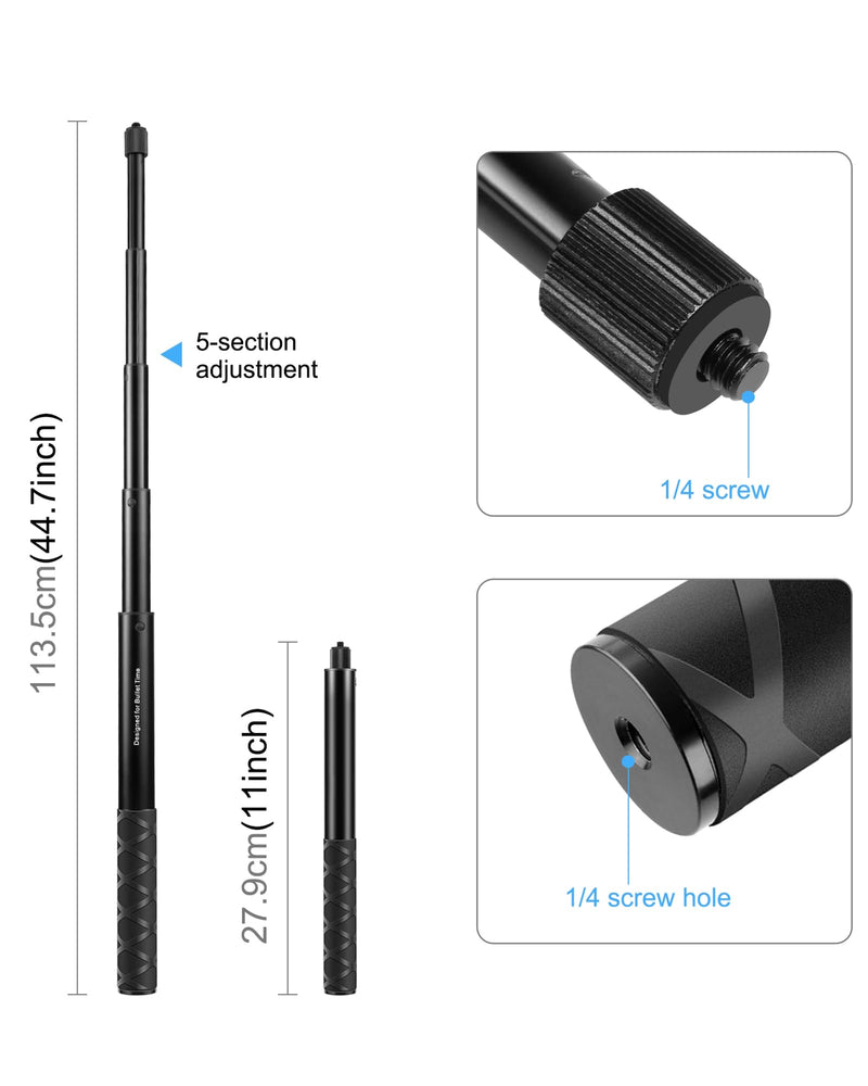 PULUZ Third Person Perspective Motorcycle Bike Handlebar Mount Selfie Stick Pole for Gopro, Insta360 X4 X3, Action Camera Clamp Monopod Stand 11-44.7 inch