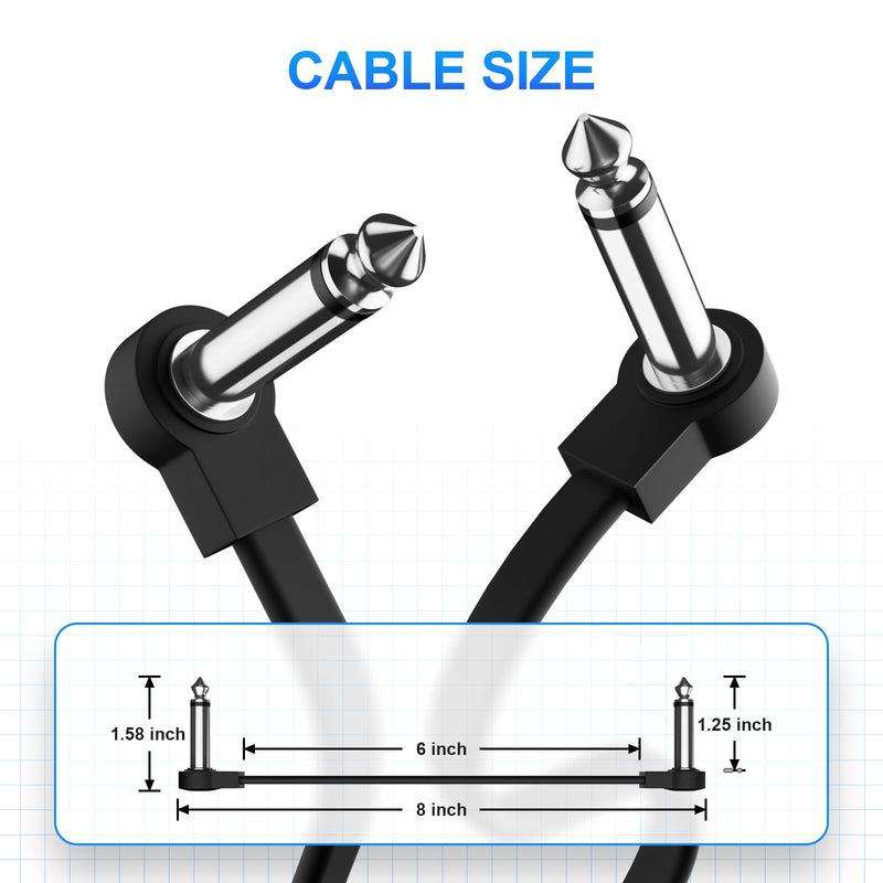 Professional 6 Pack 6 Inch Guitar Patch Cables, Noise Free and Long-lasting Guitar Pedal Cable, Low Profile Save More Space Pedal Board Cables, Right Angle Flat Patch Cable, Black