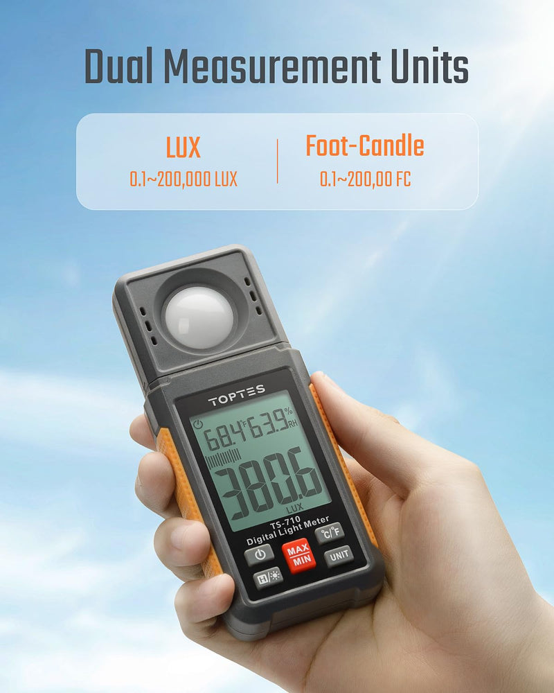 [AUSTRALIA] - TS-710 Light Meter, Lux/Foot Candles Meter with 180º Rotating Sensor, 0.1~200,000 Lux Range, Large Backlit Display, Light Meter for Plants, Car Headlights, Home & Office LEDs (Includes Battery) 