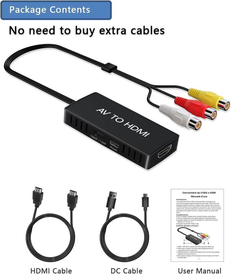 RCA to HDMI Converter, AV to HDMI Adapter,1080P Capture Converter,Composite to HDMI,Support WII/WII U/PS one/PS2/PS3/STB/Xbox/VHS/VCR/Blue-Ray DVD RCA to Hdmi