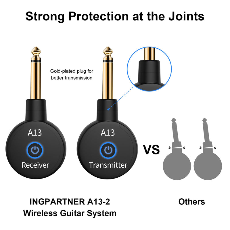 A13 Wireless Guitar System 2.4GHz Transmitter Receiver for Electric/Acoustic Bass Guitar, Rechargeable Li-Battery, Plug & Play Wireless Guitar Cable for Guitar, Bass, Violin - Black (2TX + 1RX) A13-2