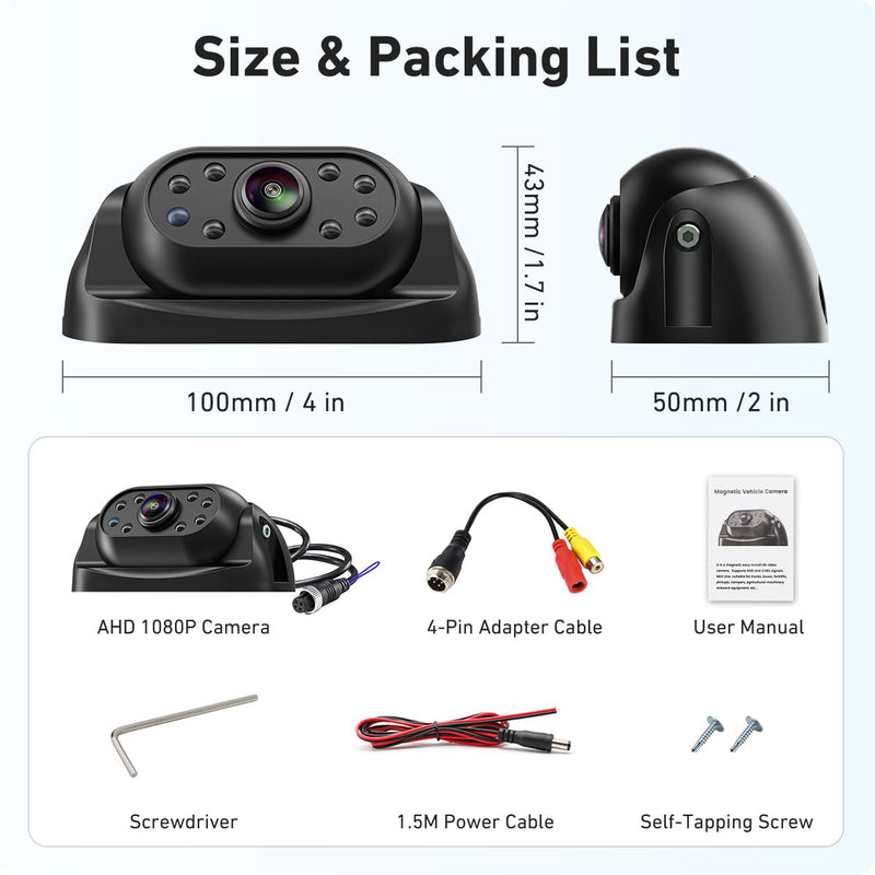 1080P Wired RV Backup Camera with Magnetic Mount, IP68 Waterproof GreenYi Rear View Camera for Truck Pickup Trailer, Night Vision, Heavy-Duty Metal Housing