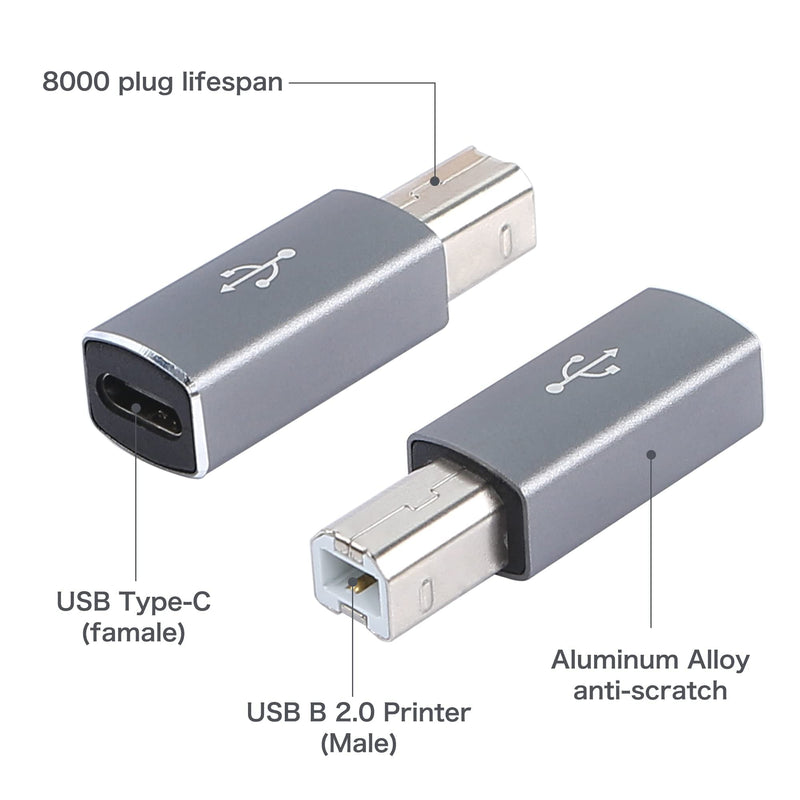 QIANRENON USB C to B Print Converter Type C to MIDI Digital Interface Adapter, Connect Keyboard to Mobile Phone via OTG, for Printer, Electric Piano, Silver Gray, 2 pcs