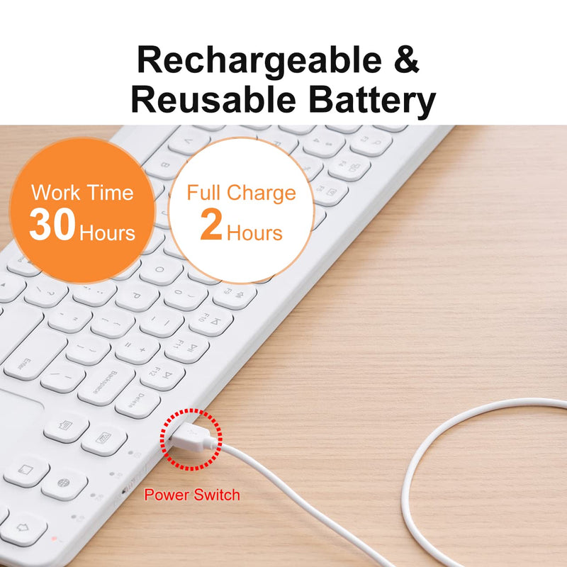SANWA Multi Device Bluetooth Keyboard with Touchpad, Rechargeable Keypad with Trackpad for Laptop Desktop Computer PC iPad/iPhone Tablet, Compatible with MacBook, Windows, Android, iOS, White