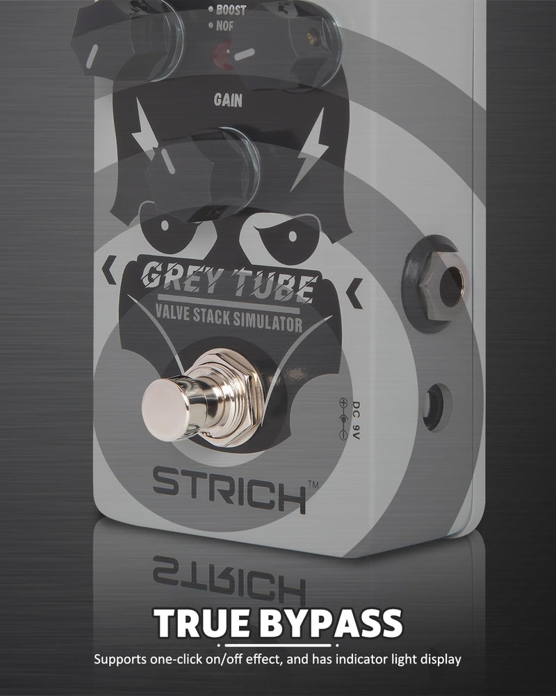 STRICH GREY TUBE Distortion Guitar Pedal, Distortion 3 Modes Fat, Boost, Normal Classic Crunch 80s Metal/Nu Metal, True Bypass for Electric Guitar, White White Distortion