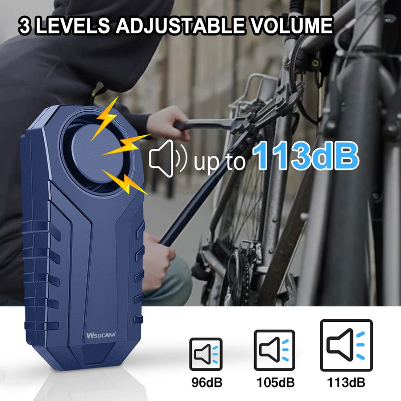 WSDCAM Bike Alarm 2 Pack 113dB Wireless Anti Theft Vibration Motion Sensor Vehicle Security Alarm System Waterproof Motorcycle Alarm Bicycle Alarm with Remote - Black & Blue