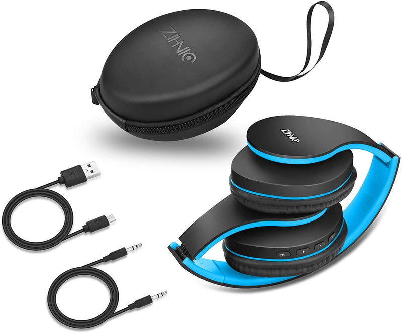Wireless Over-Ear Headset with Deep Bass, Bluetooth and Wired Stereo Headphones Buit in Mic for Cell Phone, TV, PC,Soft Earmuffs &Light Weight for Prolonged Wearing by Zihnic (Black/Blue) Black Blue