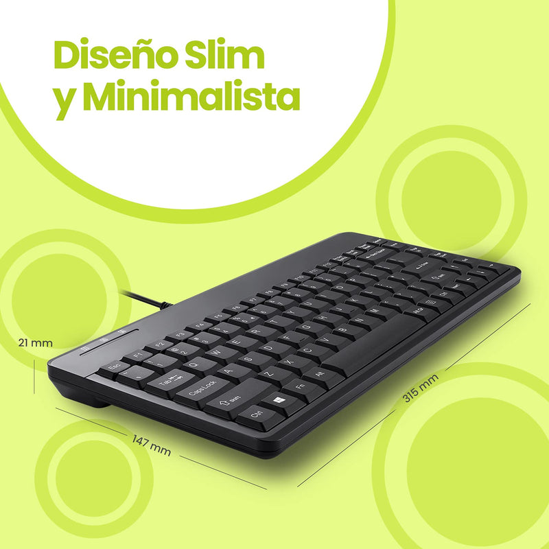Perixx PERIBOARD-409P ES Mini Teclado con PS2 Cable - 314x146x20mm - Negro - QWERTY Español