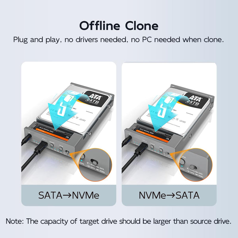 M.2 NVMe SSD & 3.5 Inch SATA HDD Enclosure, Clone NVMe to SATA, 10Gbps USB3.2 Gen2x1 Type-C Hard Drive Docking Station Reader 38TB Capacity 12V 3A Power