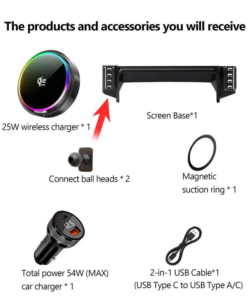 25W Car Mount Charger for Ford Bronco Sport 2021-2024 8-Inch | 2021-2024 Ford Bronco Sport Qi2.2 25W MagSafe Fast Charging Cell Phone Holder Accessories,with Cooling Fan＆54W Fast Adapter Magsafe+Qi2 25W Fast Charging