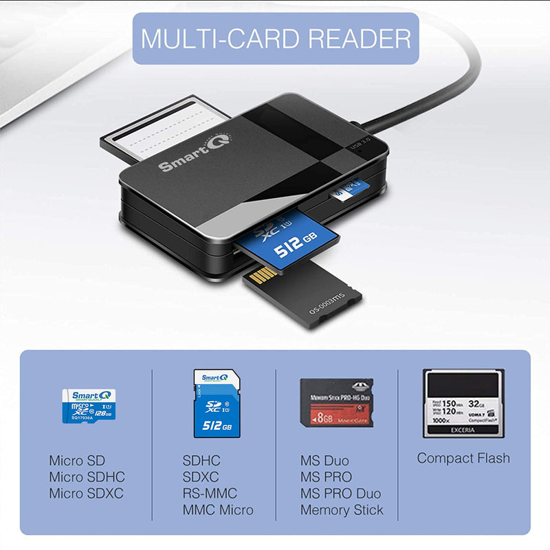 SmartQ C368 USB 3.0 Multi-Card Reader, Plug N Play, Apple and Windows Compatible, Powered by USB, Supports CF/SD/SDHC/SCXC/MMC/MMC Micro, etc. Regular USB A