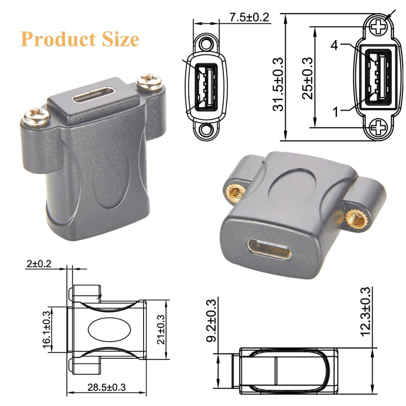 Screw Panel Mount USB 3.1 Type C Coupler Converter 10Gbps USB C Female to Female Gender Changer 100W Pass Through Bulkhead Extender Socket Connector for Data Transfer Charging (5PCS) 5PCS