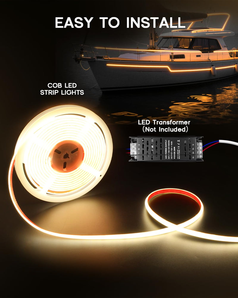 [AUSTRALIA] - COB LED Strip Lights Daylight White 6000K,12V 16.4ft IP67 Waterproof High CRI 95Ra+ Super Bright,Flexible Boat Lights for Fishing Night Outdoor Bathroom Swimming Pool(Power Supply Not Included) 