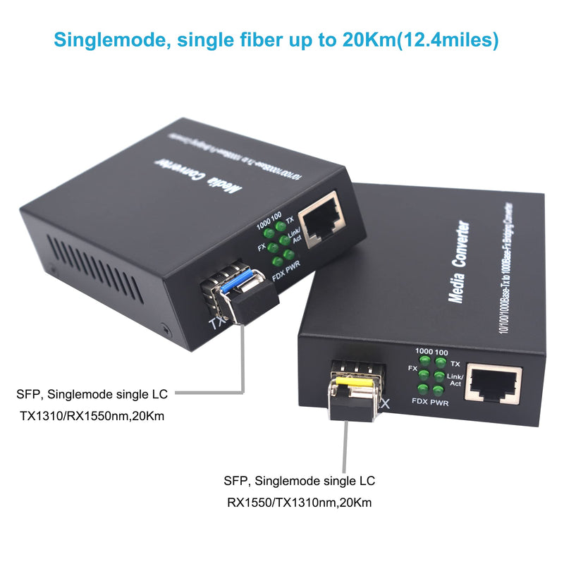 Single Mode Gigabit Fiber Media Converters LC -2 SFP Transceiver SM up to 20Km (12.4 Miles) Wavelength 1310nm/1550nm, LC to UTP Cat5e 10/100/1000 RJ-45 –Gigabit Ethernet Speed, A Pair SM 20Km, LC, Single Core