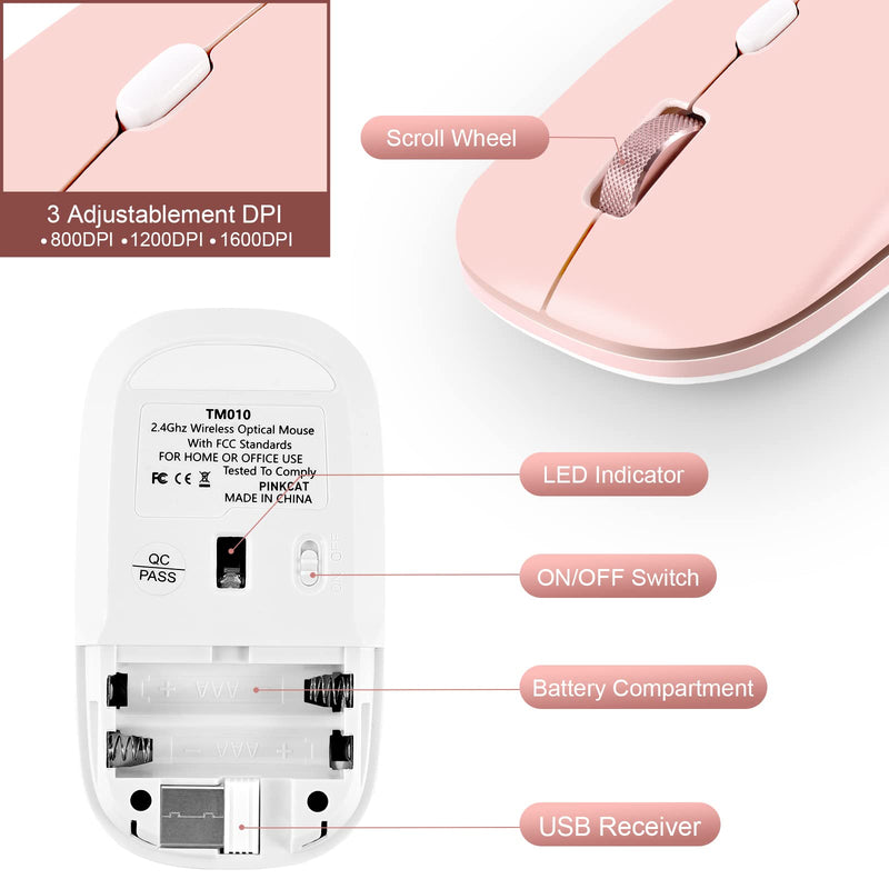 Wireless Mouse, PINKCAT 2.4G Slim Silent Cordless Mouse with USB Receiver, 3 Adjustable DPI Portable Optical Wireless Computer Mice for Laptop, PC, Notebook, Computer, Deskbtop, MacBook - (Pink) pink