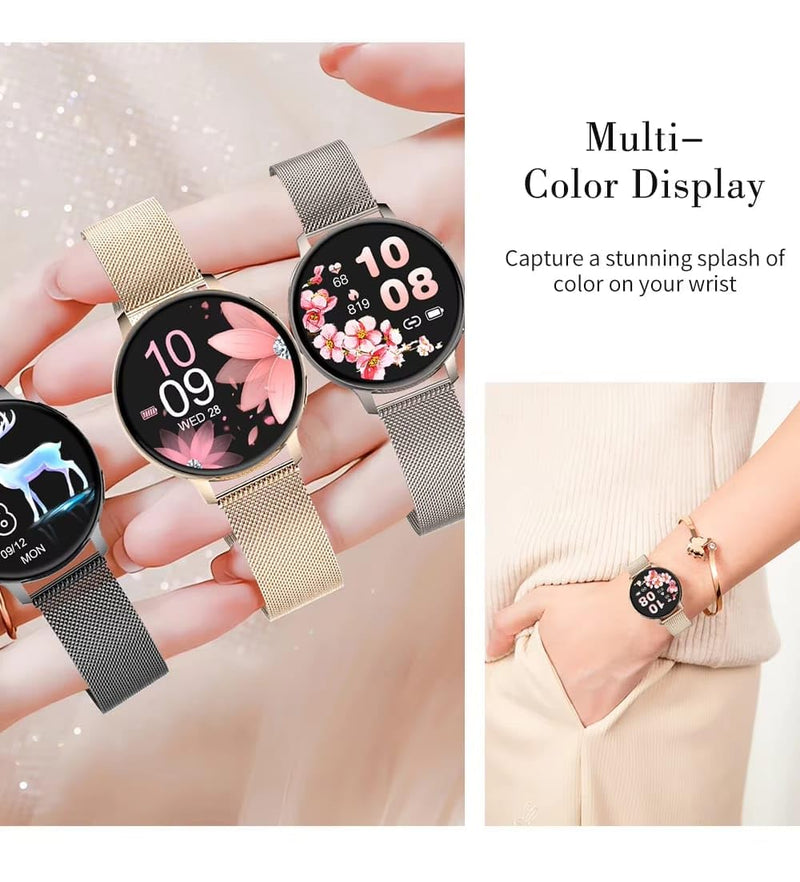 Elegant Women smartwatch with 2 Bands, Bluetooth Calls & Tracking. | Elegant women smartwatch with 2 interchangeable bands. Supports Bluetooth calling, notifications & real-time health tracking.