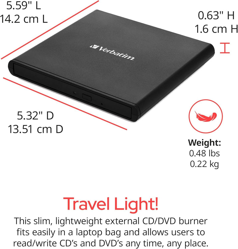 Verbatim Slim External Burner CD/DVD +/-RW Optical Drive USB 2.0 with USB A to USB C Adapter and M-DISC Support - Mac & PC Compatible Nero Burn & Archive Software Included (Windows only) 0.6" x 5.6" x 5.3"