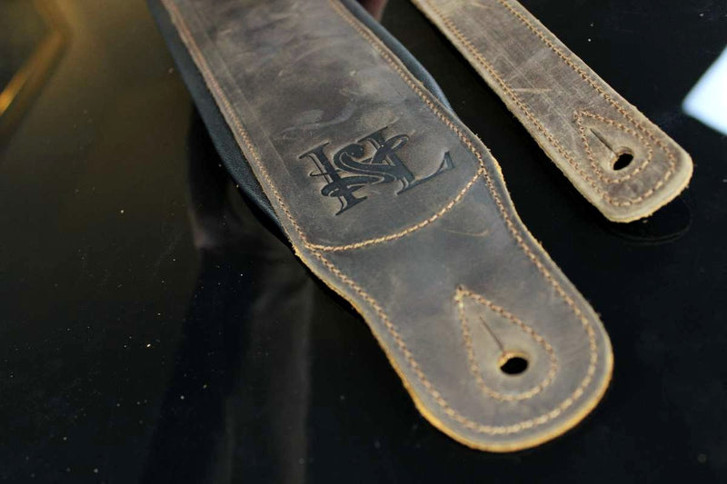 3.25" Wide Lightly Distressed Dark Brown Dual Padded Leather Guitar and Bass Strap IL-5DBrn